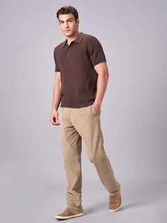 Men's 100% Cotton Ribbed Polo T Shirt Brown