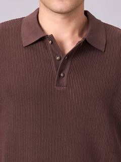 Men's 100% Cotton Ribbed Polo T Shirt Brown