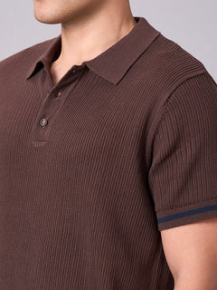 Men's 100% Cotton Ribbed Polo T Shirt Brown