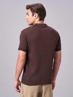 Men's 100% Cotton Ribbed Polo T Shirt Brown