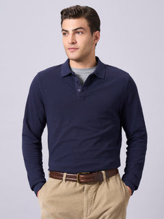 Men's 100% Organic Cotton Regular Fit Long Sleeves Polo Tshirt Navy