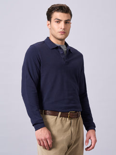 Men's 100% Organic Cotton Regular Fit Long Sleeves Polo Tshirt Navy