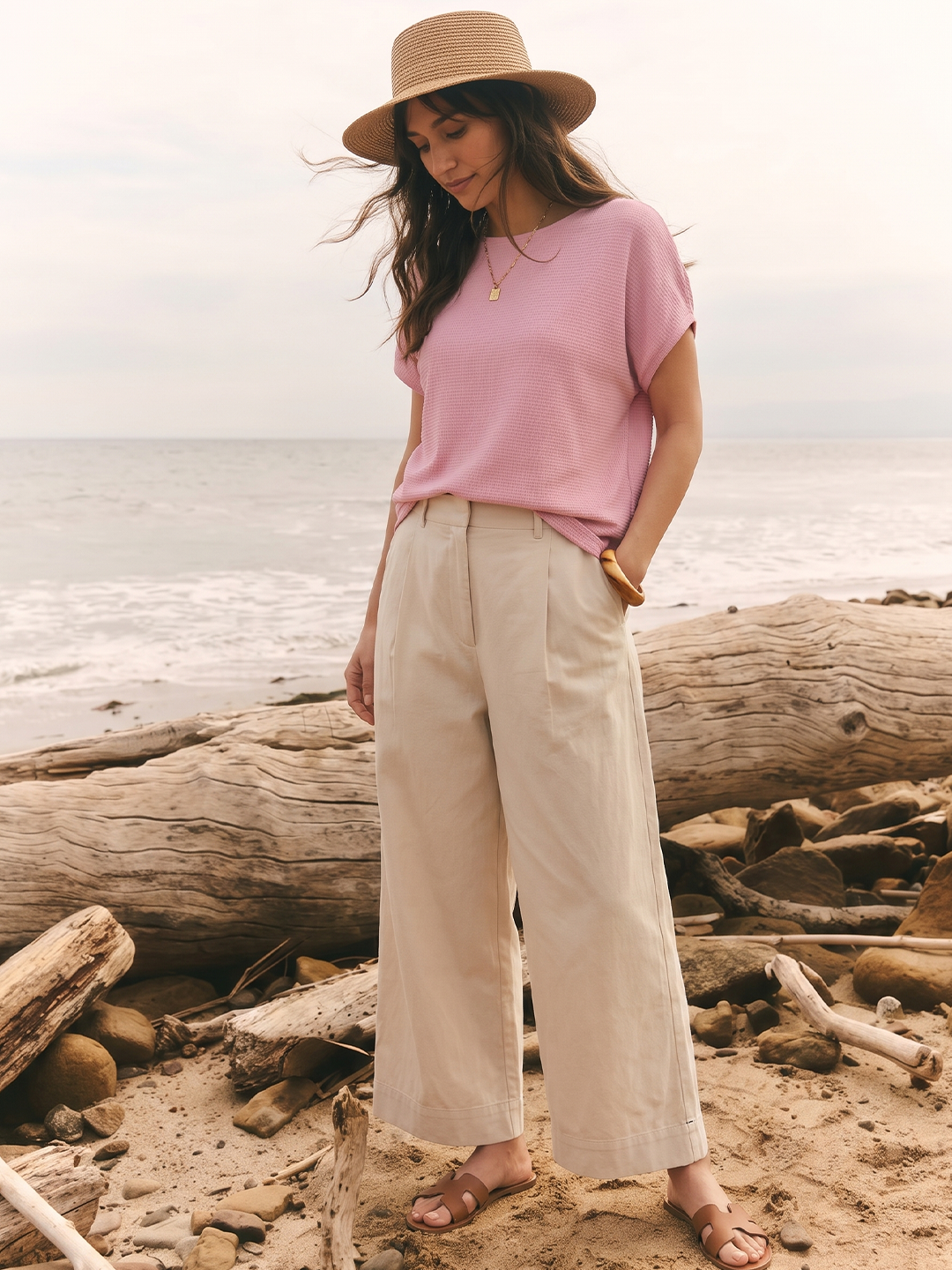 Women's Beige Cotton Lycra Regular Fit Pant