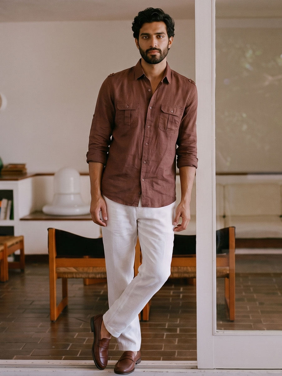Men's Brown Linen Cotton Regular Fit Shirt