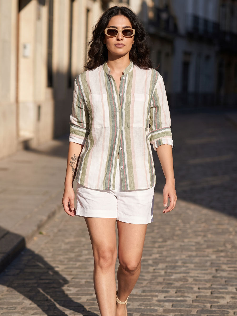 Women’s Linen Boxy Fit Blouse Mandarin Collar Multi