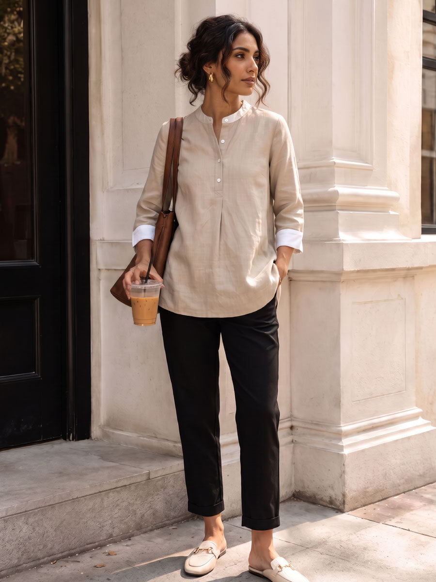 Women’s Linen Cotton Regular Fit Blouse Band Neck Khaki