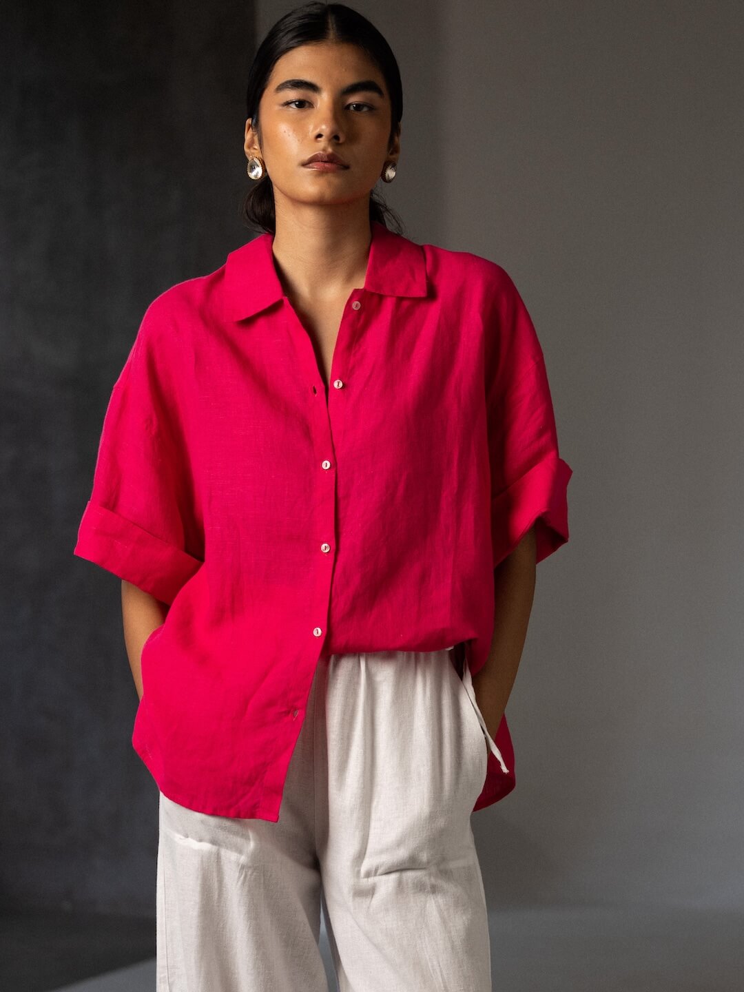 Women's Pink Linen Boxy Fit Blouse