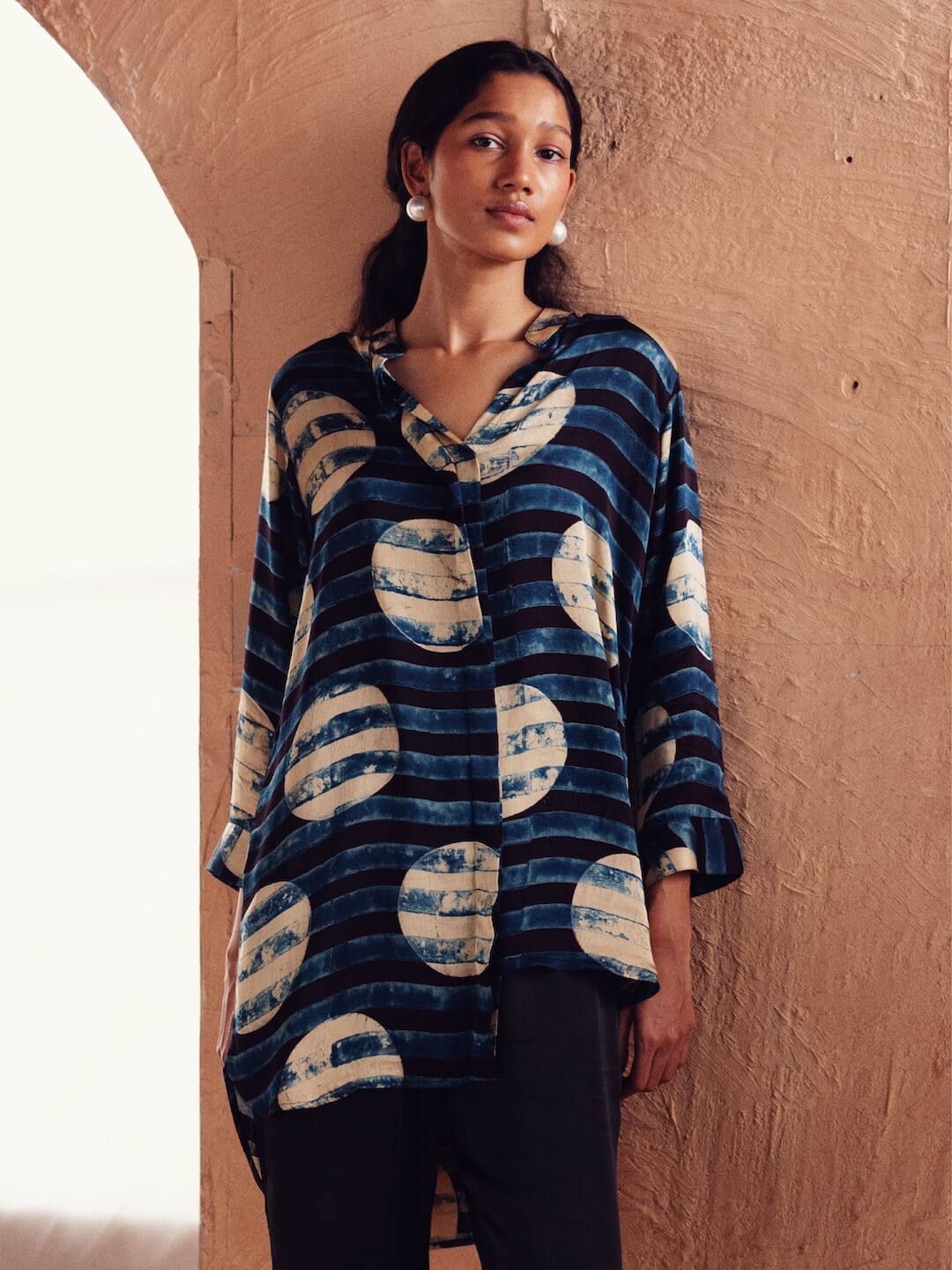 Women's Ajrak Hand Block Printed Loose Fit Modal Blue Blouse