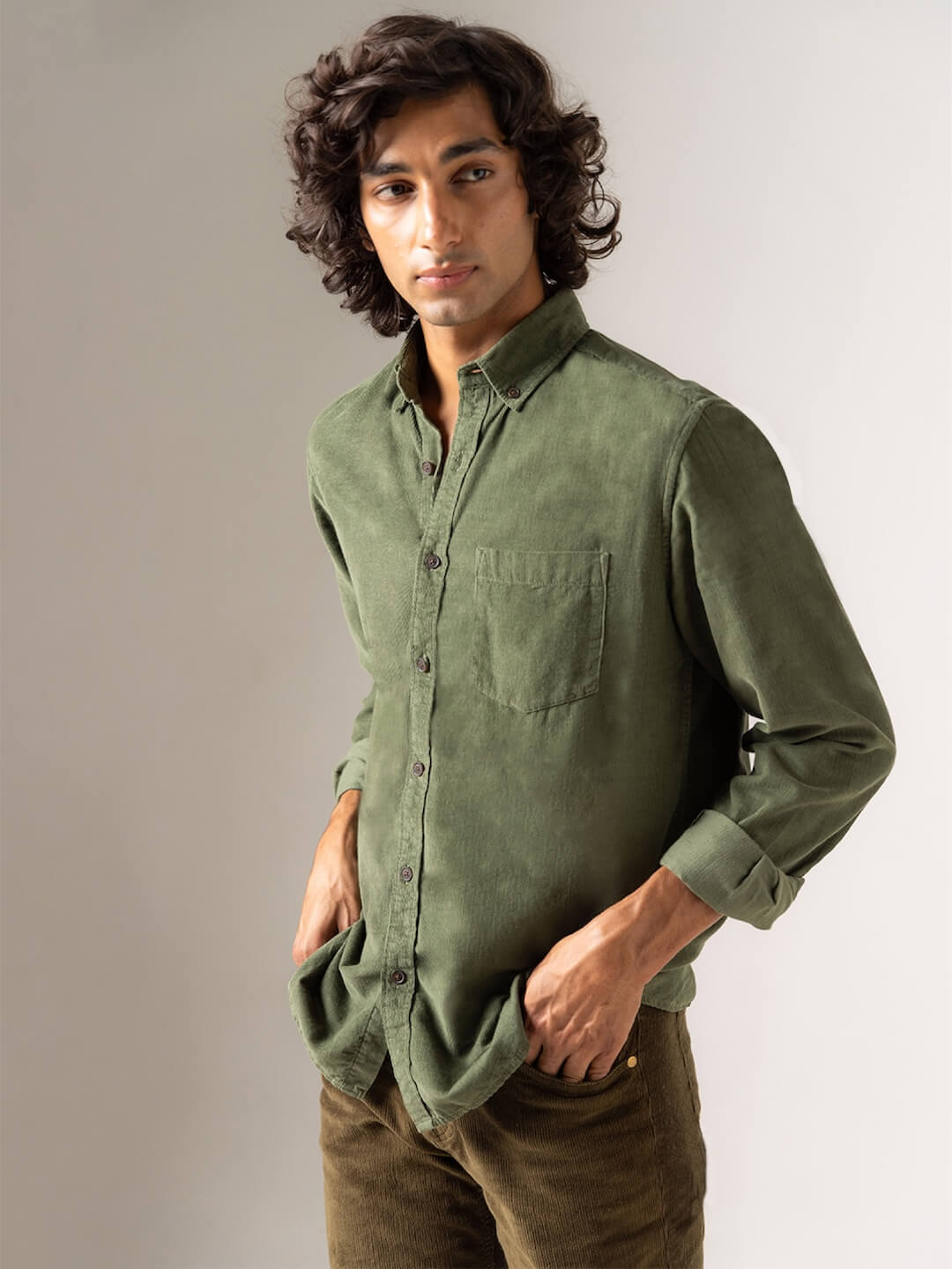 Men's Corduroy 100% Cotton Olive Regular Fit Long Sleeved Shirt