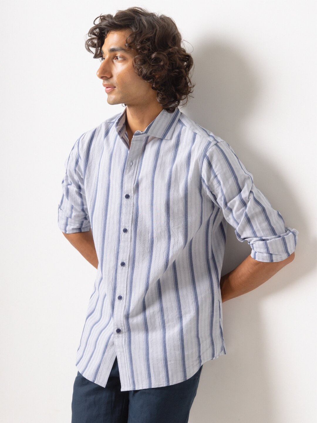 Men's Blue Stripe  Seersucker Slim Fit Shirt