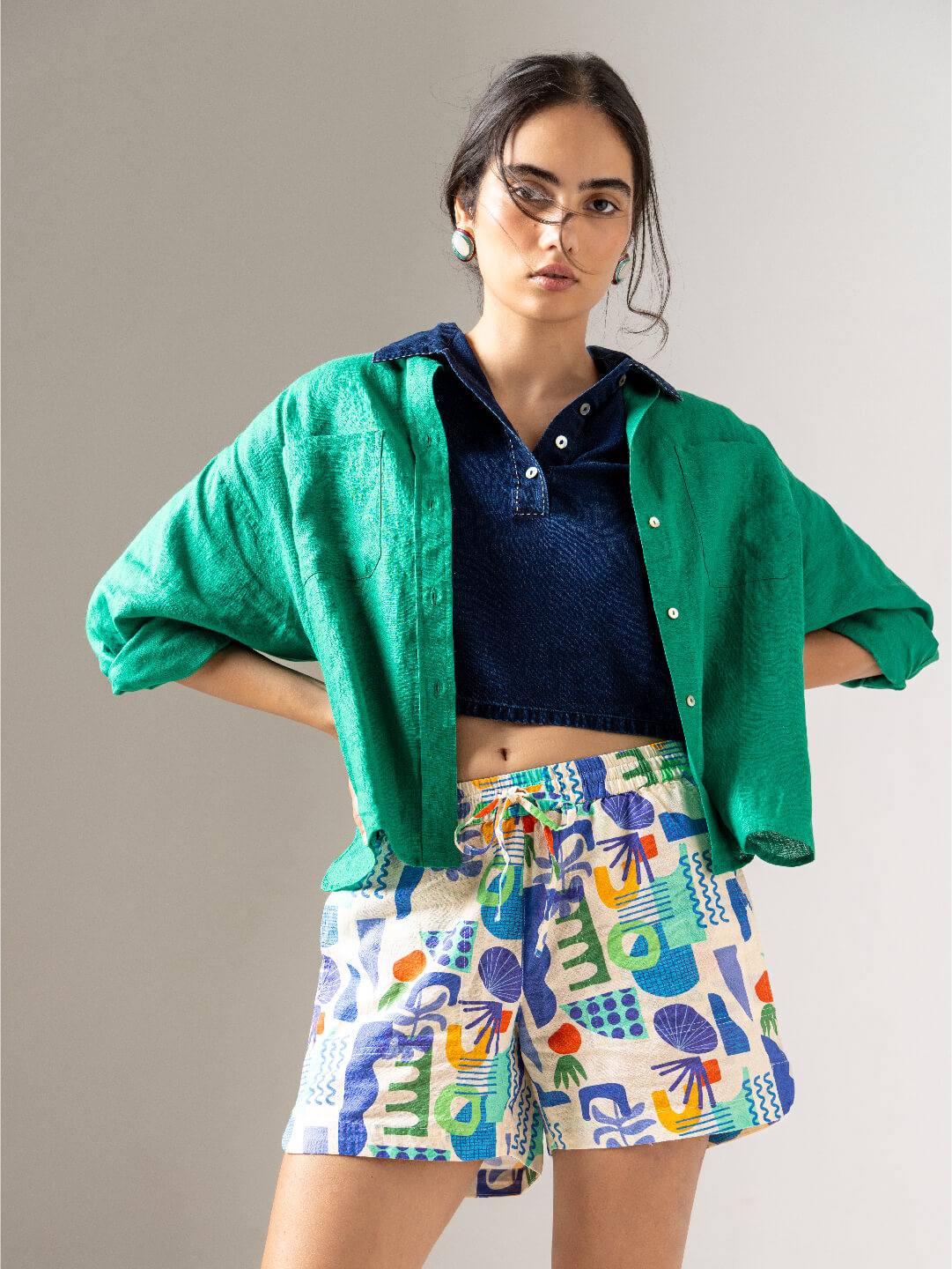 Women's Indigo Cotton Boxy Fit Blouse
