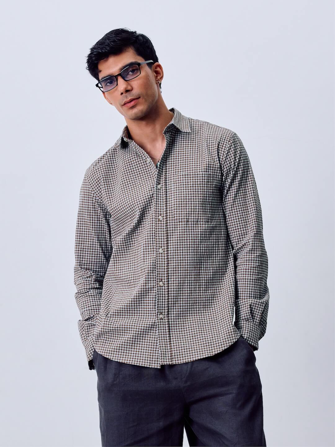 Men's Sky/Olive Cotton Lycra Regular Fit Shirt