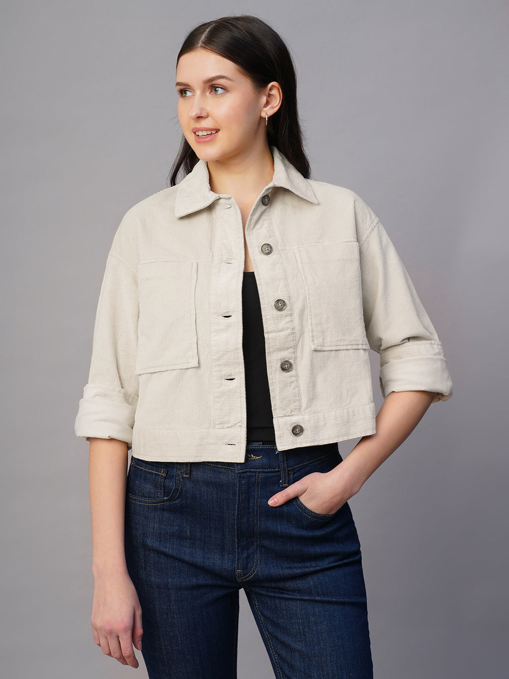 Women's Corduroy Offwhite 100% Cotton Regular Fit Jacket