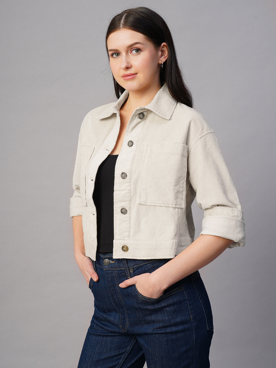 Women's Corduroy Offwhite 100% Cotton Regular Fit Jacket
