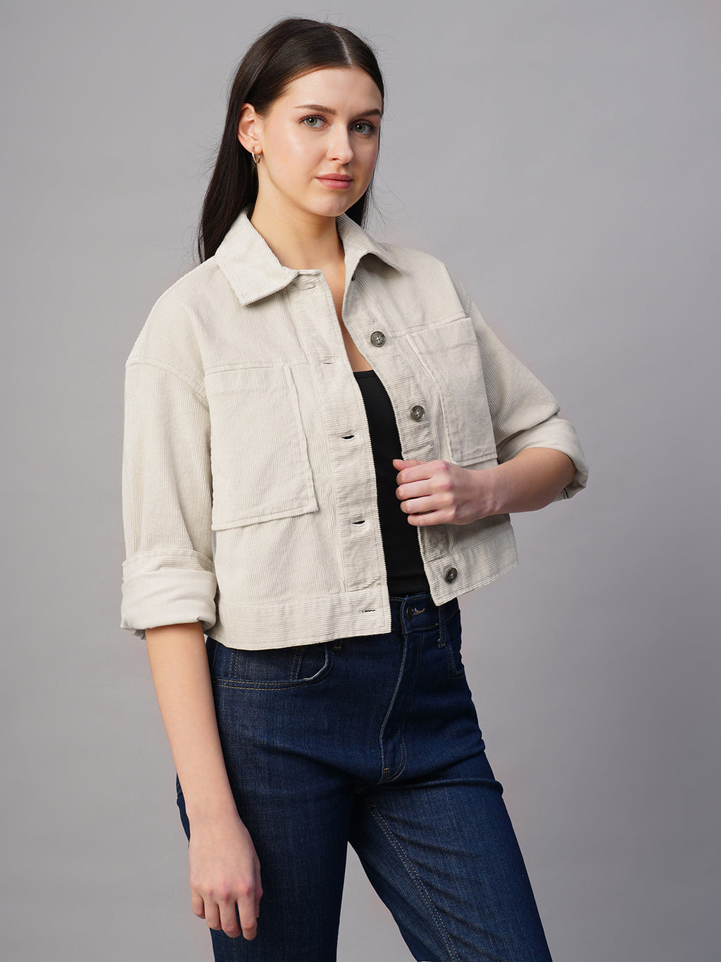 Women's Corduroy Offwhite 100% Cotton Regular Fit Jacket