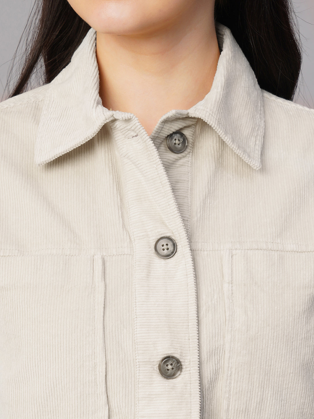 Women's Corduroy Offwhite 100% Cotton Regular Fit Jacket