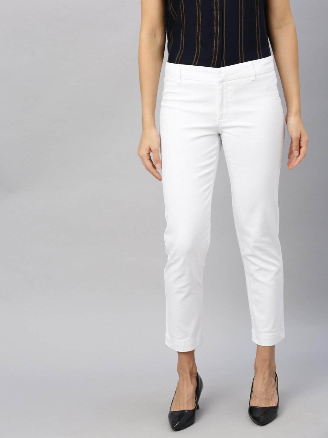 Women's White Cotton Lycra Regular Fit Pant