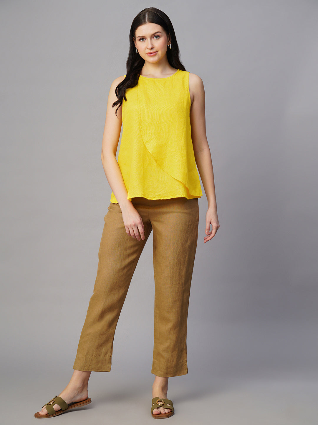 Women's Yellow 100% Linen Regular Fit Blouse