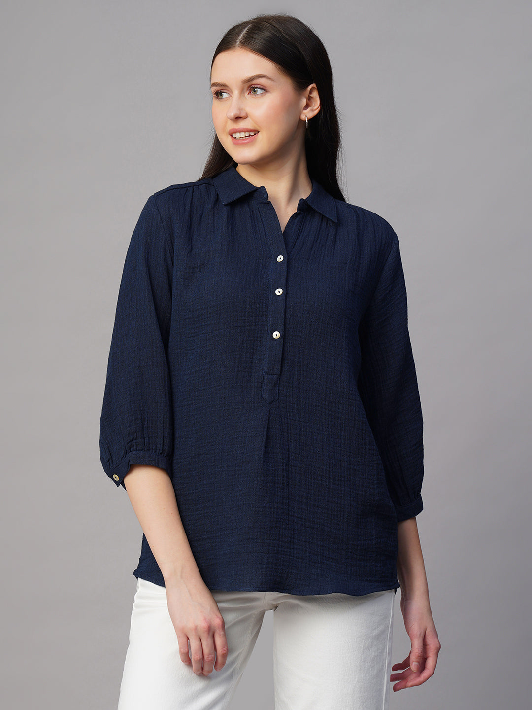 Women's Indigo Cotton Regular Fit Blouse