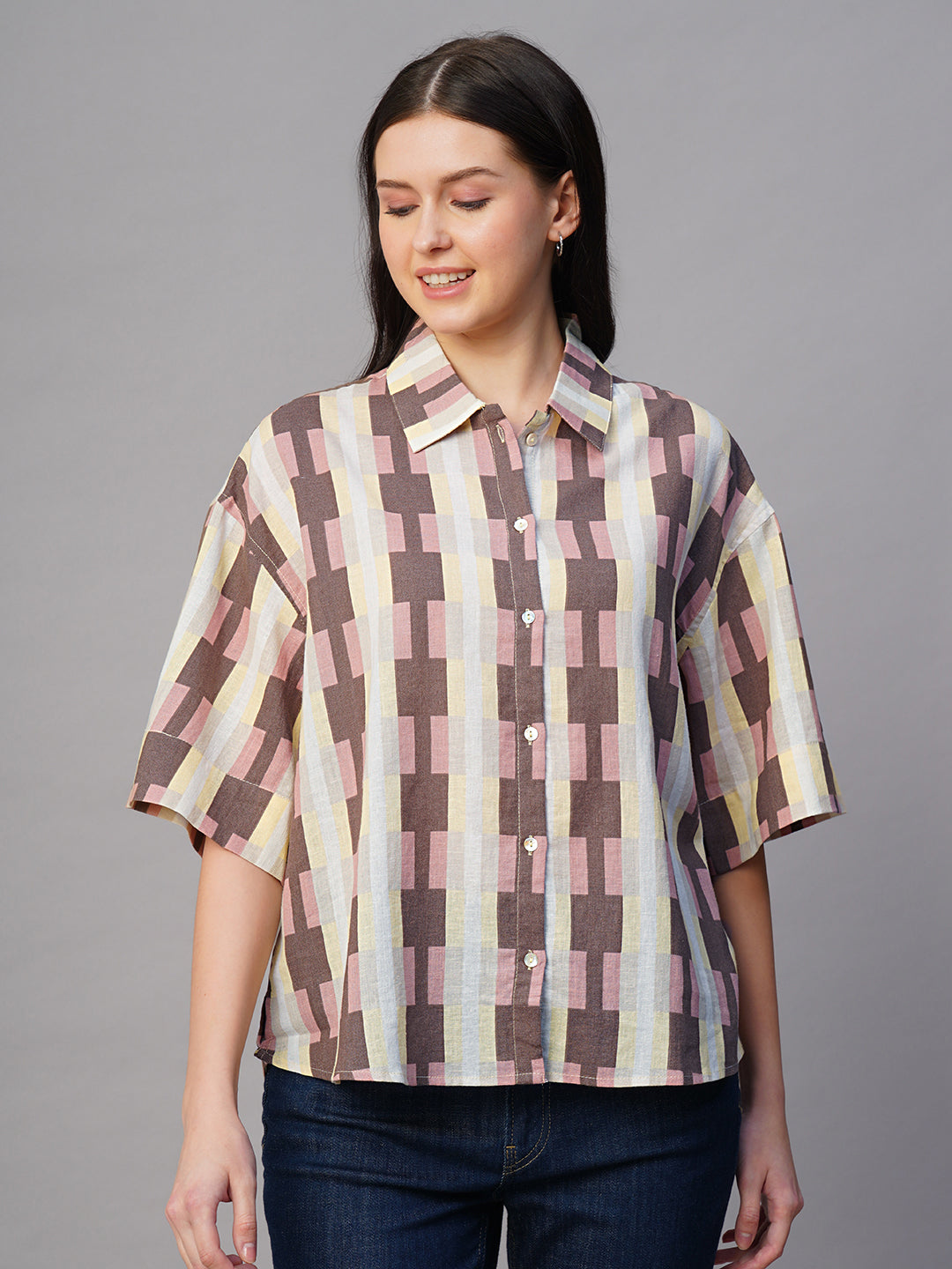 Women's Pink Cotton Flax Boxy Fit Blouse