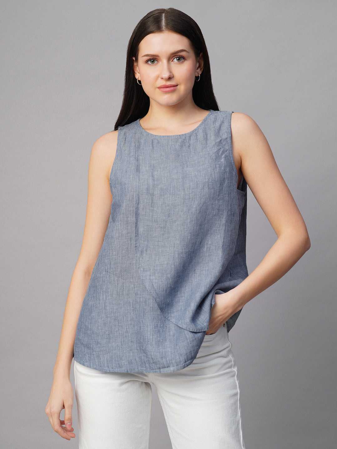 Women's Blue 100% Linen Regular Fit Blouse