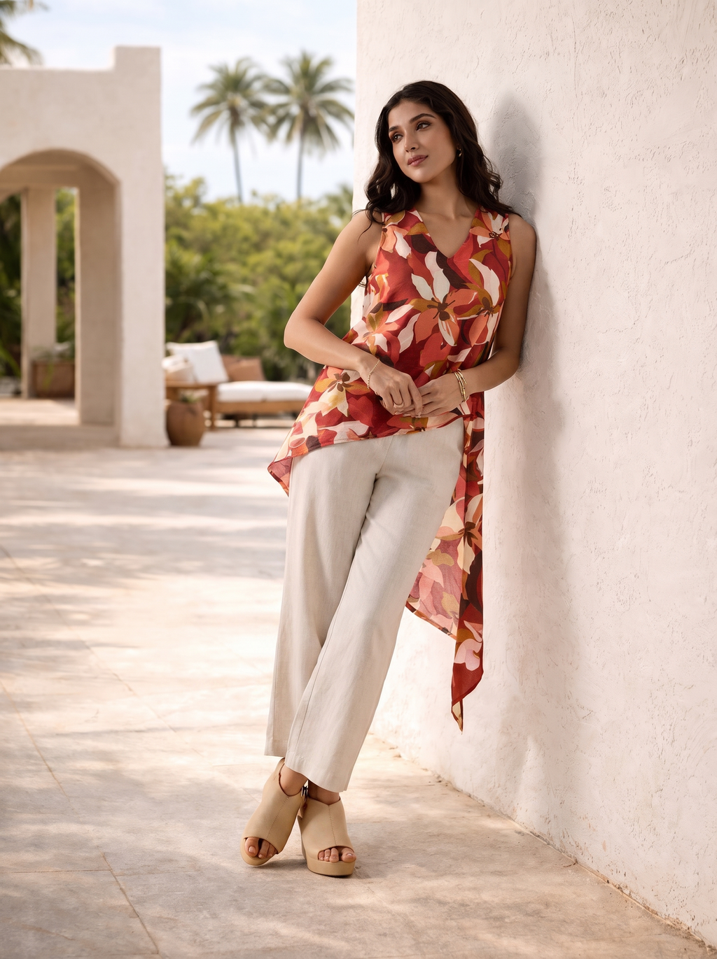 Women's Beige 100% Linen Regular Fit Pant