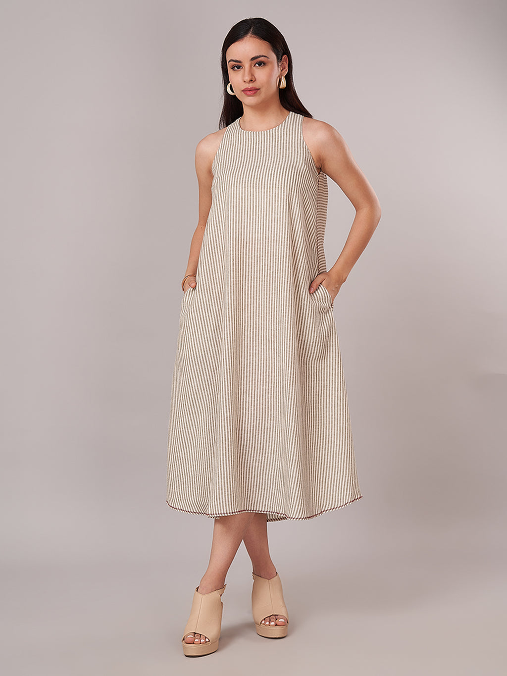 Women's Linen Blend A Line Dress Olive