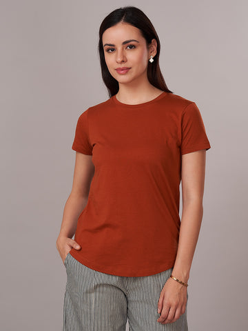 Women's 100% Cotton Regular Fit Tshirt Rust