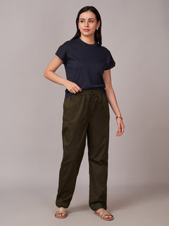 Women's Cotton Lycra Regular Fit Pants Olive