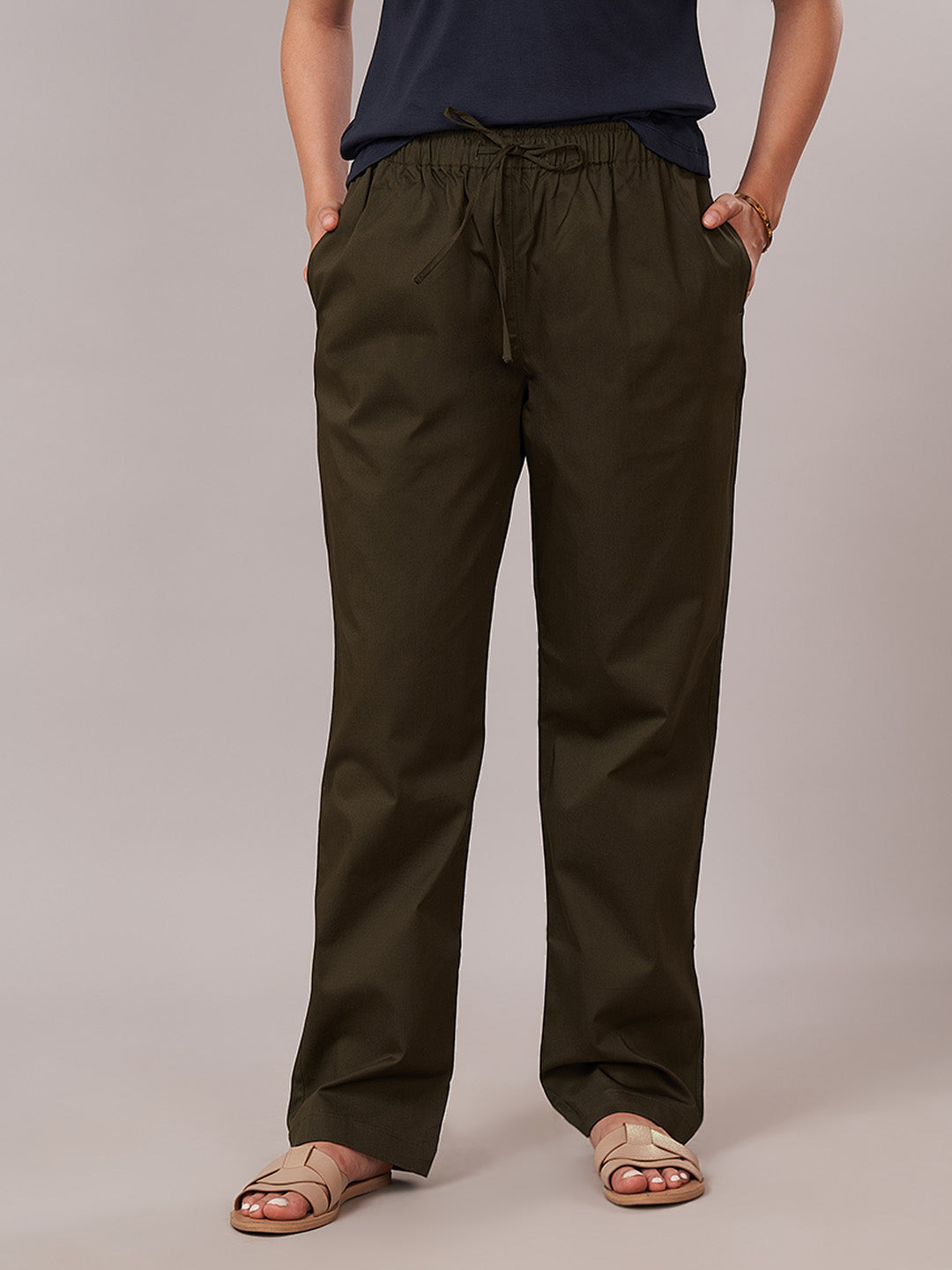 Women's Cotton Lycra Regular Fit Pants Olive