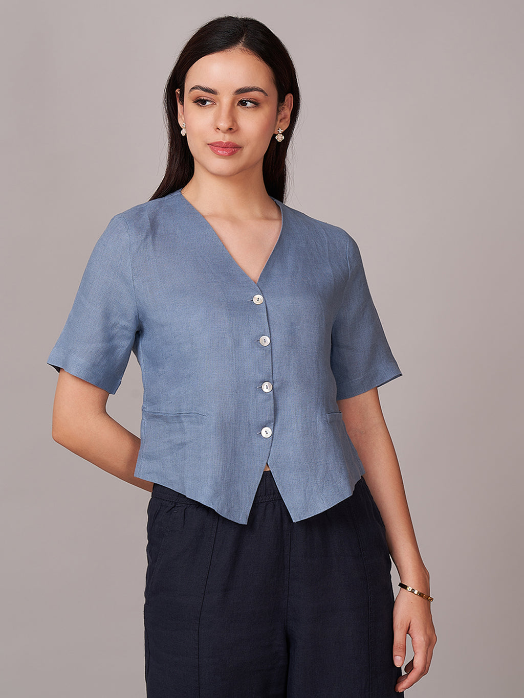 Women's 100% Linen Regular Fit Blouse Blue