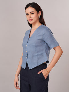 Women's 100% Linen Regular Fit Blouse Blue