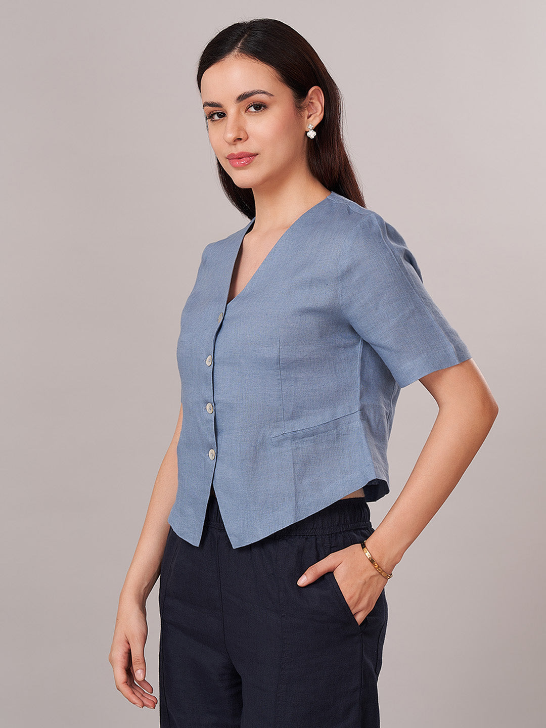 Women's 100% Linen Regular Fit Blouse Blue
