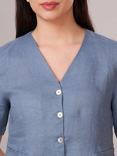 Women's 100% Linen Regular Fit Blouse Blue