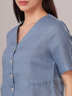 Women's 100% Linen Regular Fit Blouse Blue