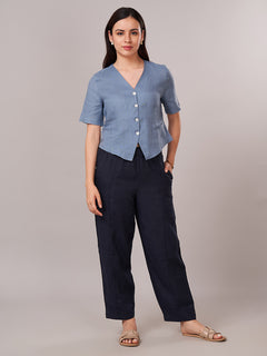 Women's 100% Linen Regular Fit Blouse Blue