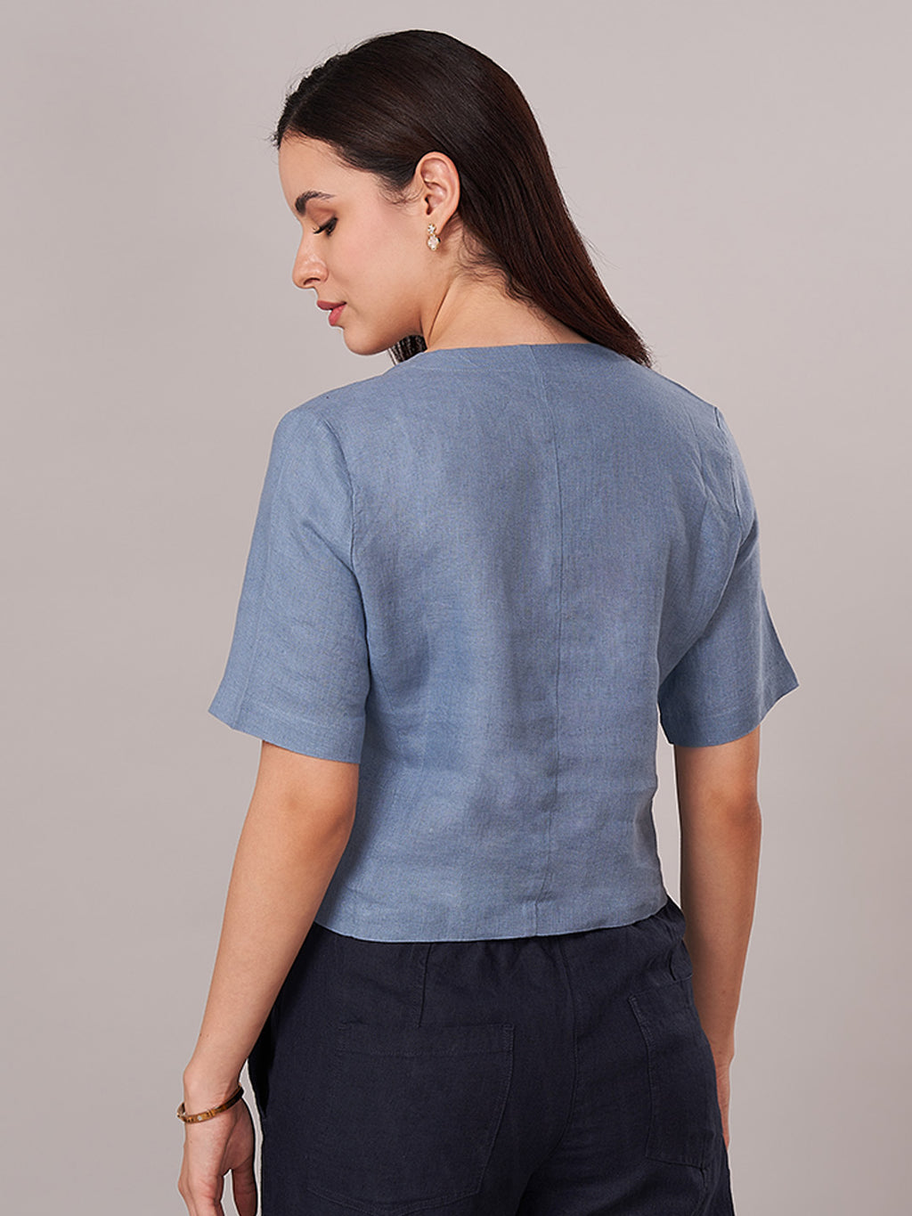 Women's 100% Linen Regular Fit Blouse Blue