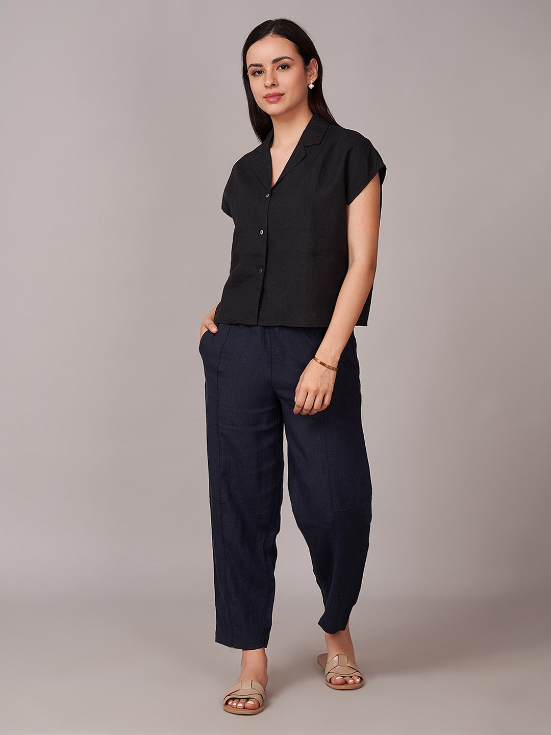 Women's 100% Linen Barrel Leg Pant Navy