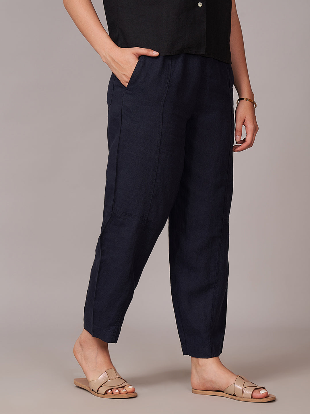 Women's 100% Linen Barrel Leg Pant Navy