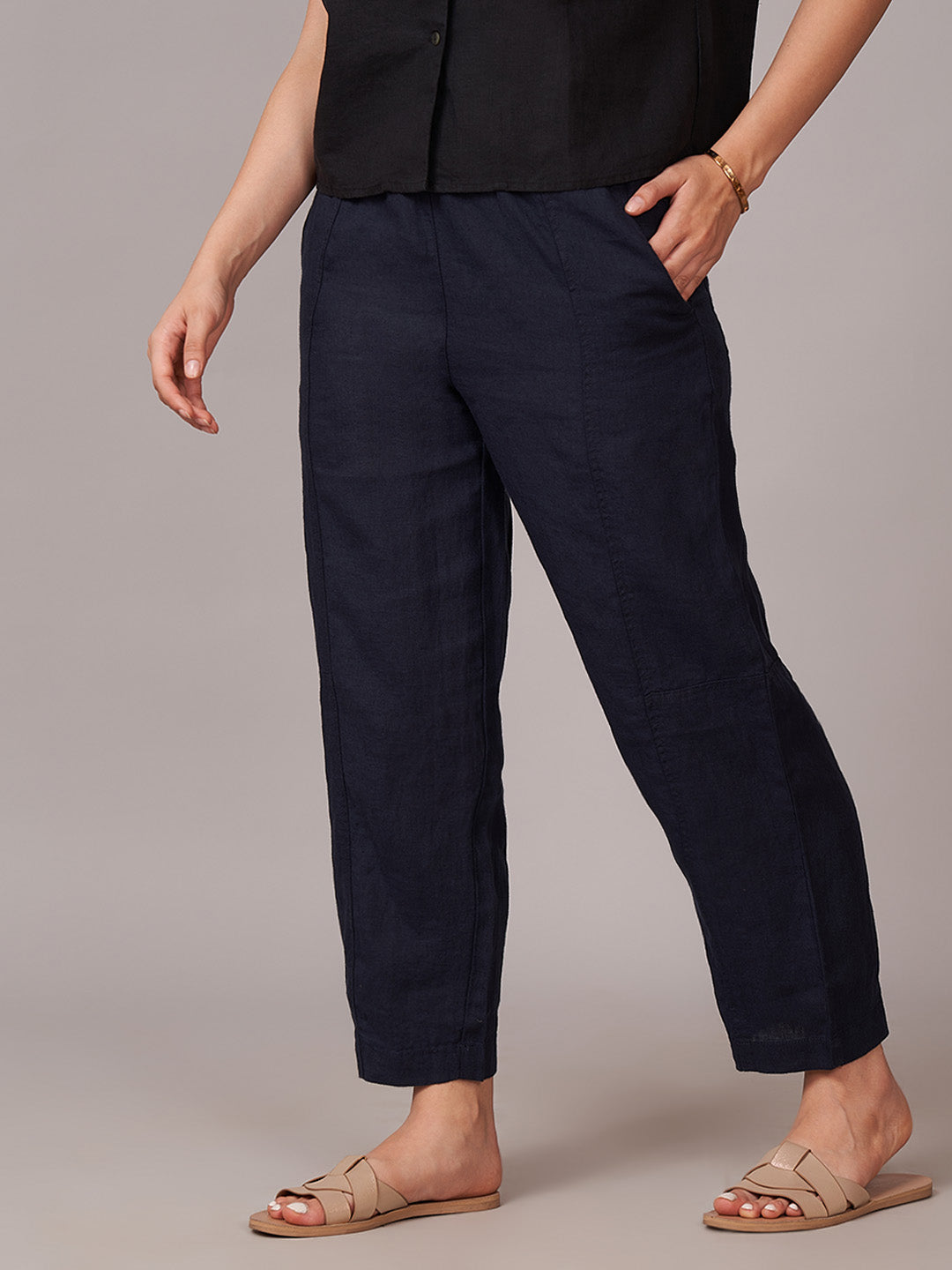 Women's 100% Linen Barrel Leg Pant Navy