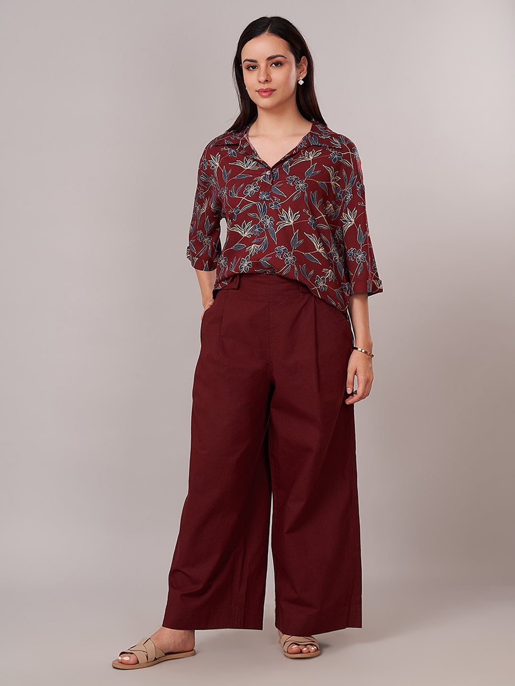 Women's Cotton Linen Regular Fit Pant Maroon