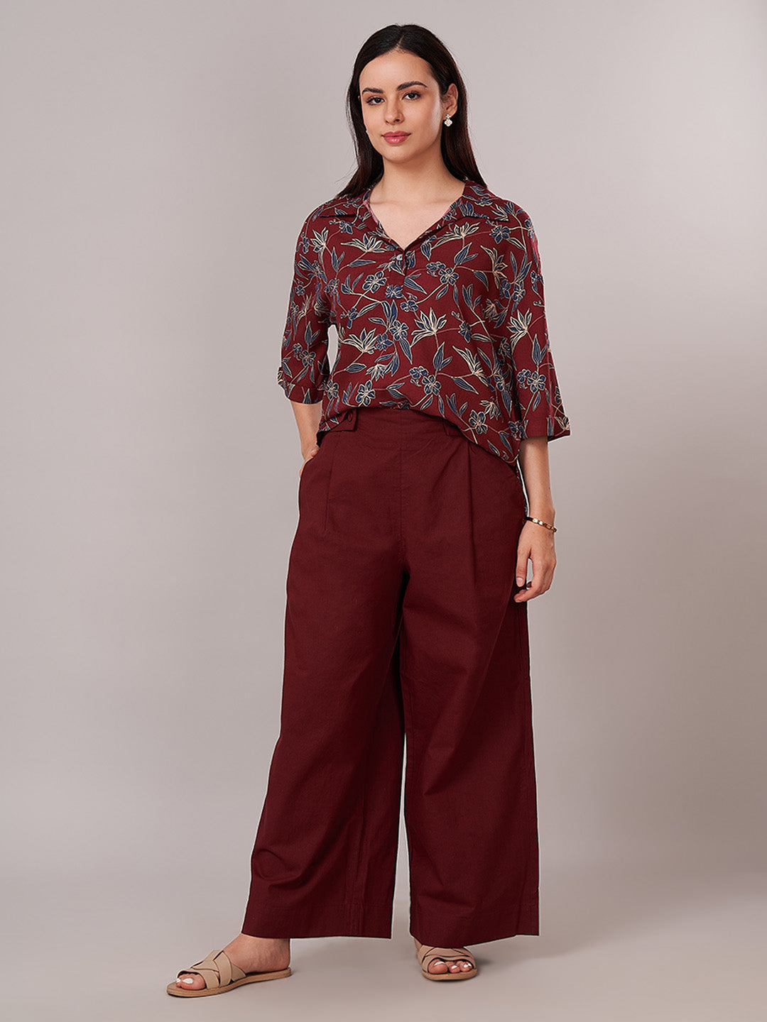 Women's Cotton Linen Regular Fit Pant Maroon