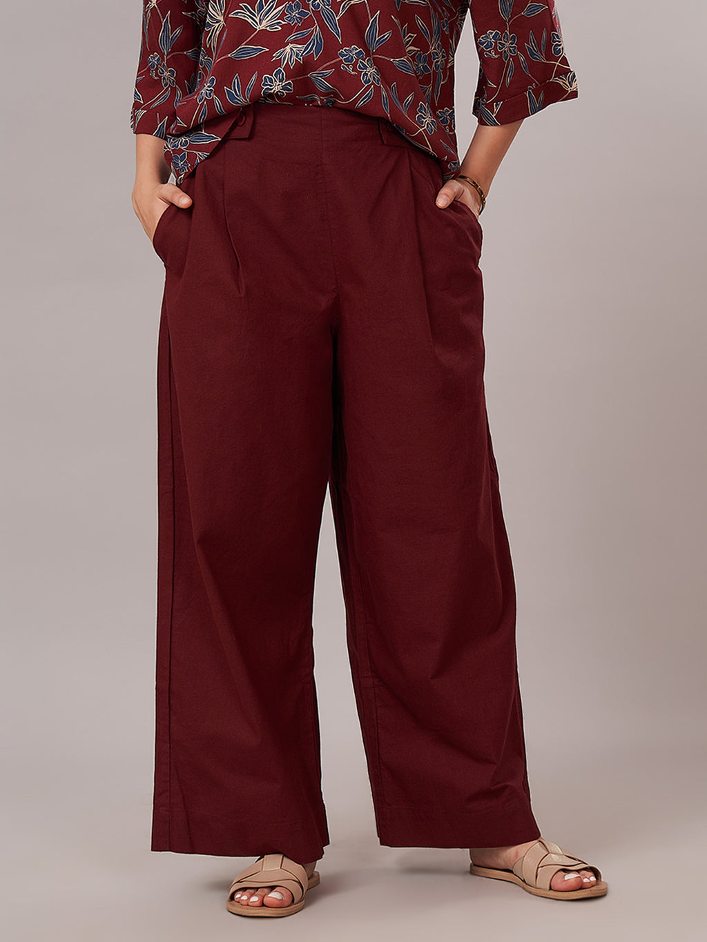 Women's Cotton Linen Regular Fit Pant Maroon