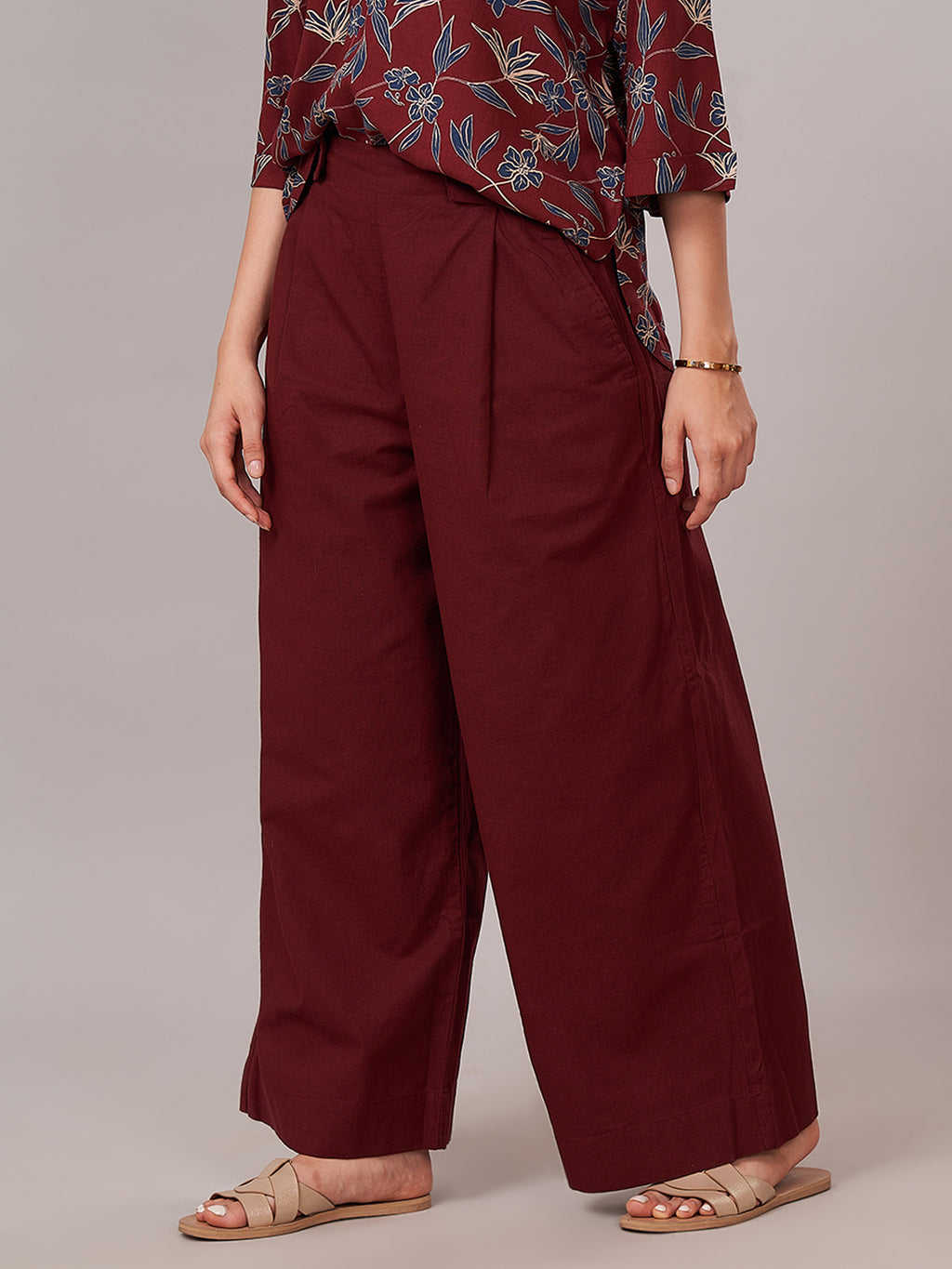 Women's Cotton Linen Regular Fit Pant Maroon