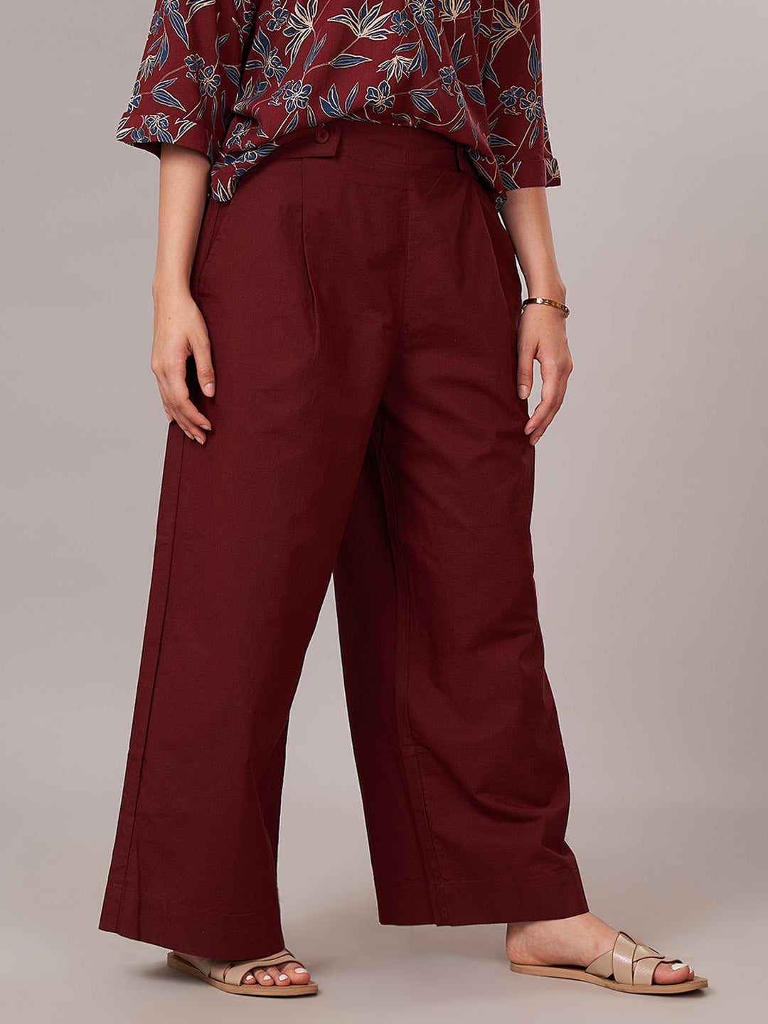 Women's Cotton Linen Regular Fit Pant Maroon