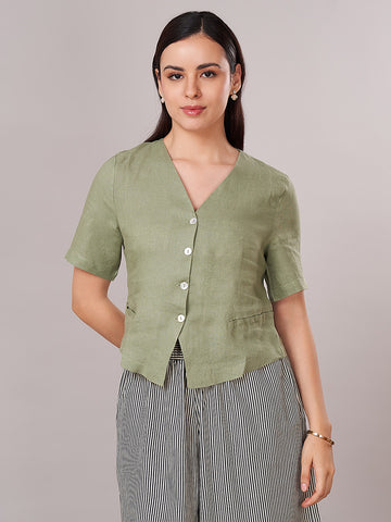Women's 100% Linen Regular Fit Blouse Green