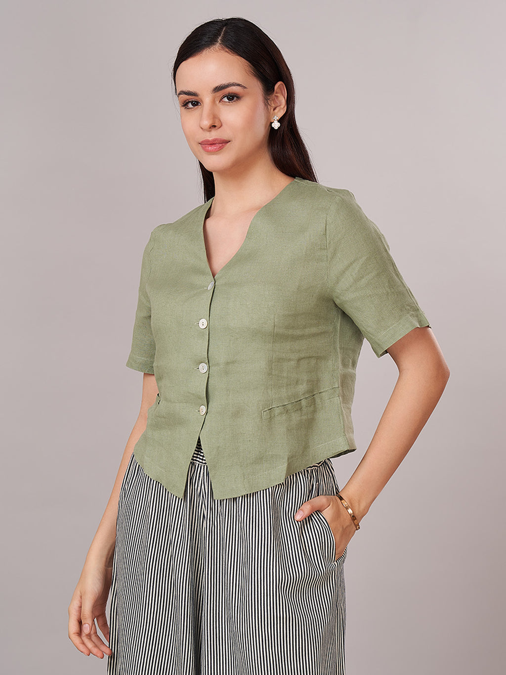 Women's 100% Linen Regular Fit Blouse Green