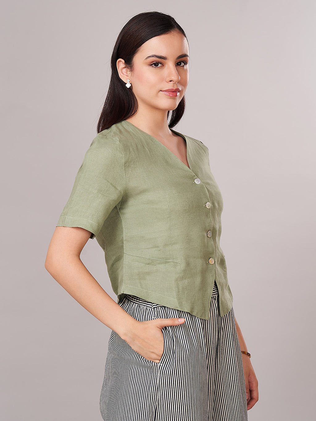 Women's 100% Linen Regular Fit Blouse Green