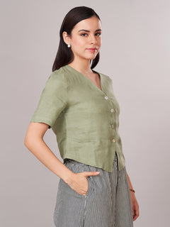 Women's 100% Linen Regular Fit Blouse Green
