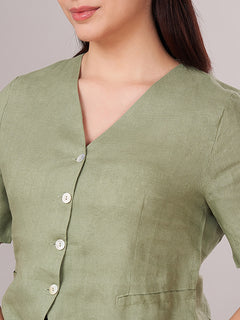 Women's 100% Linen Regular Fit Blouse Green